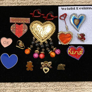 Large lot of 15 heart themed pins/brooches